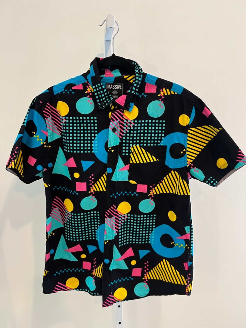 80s Print Geometric Black Yellow Blue Rad SS Button Down Shirt Mens Sz Medium